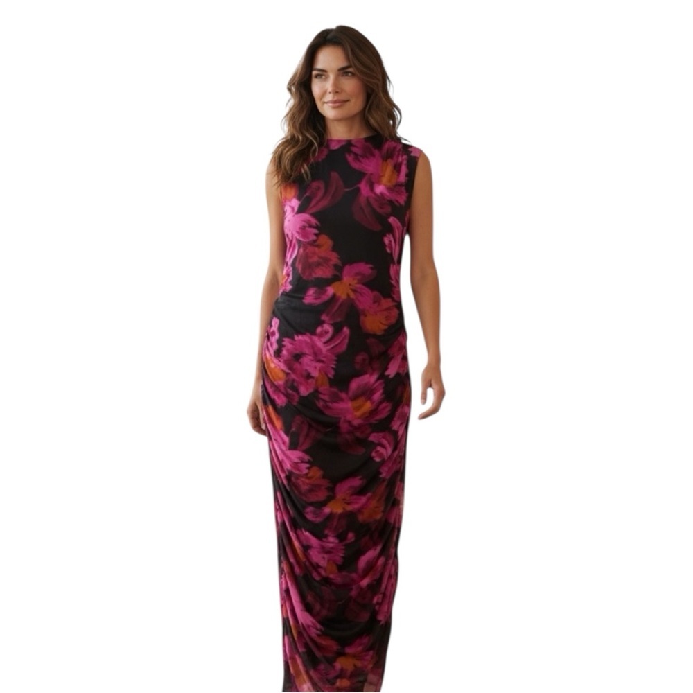 PrettyGarden Floral Bodycon Maxi Dress Pink Black Ruched Sleeveless Size XXL NWT